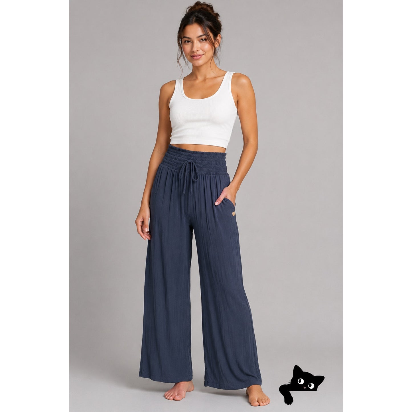 NWT Paradise Island Navy Blue Ruched Drawstring Wide Leg Casual Pants OS