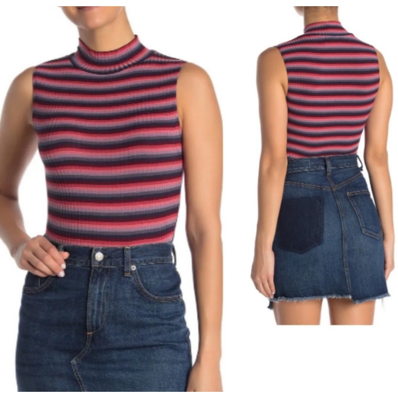 Abound Pink Burgundy Blue Gray Striped Mock Neck Sleeveless Bodysuit L