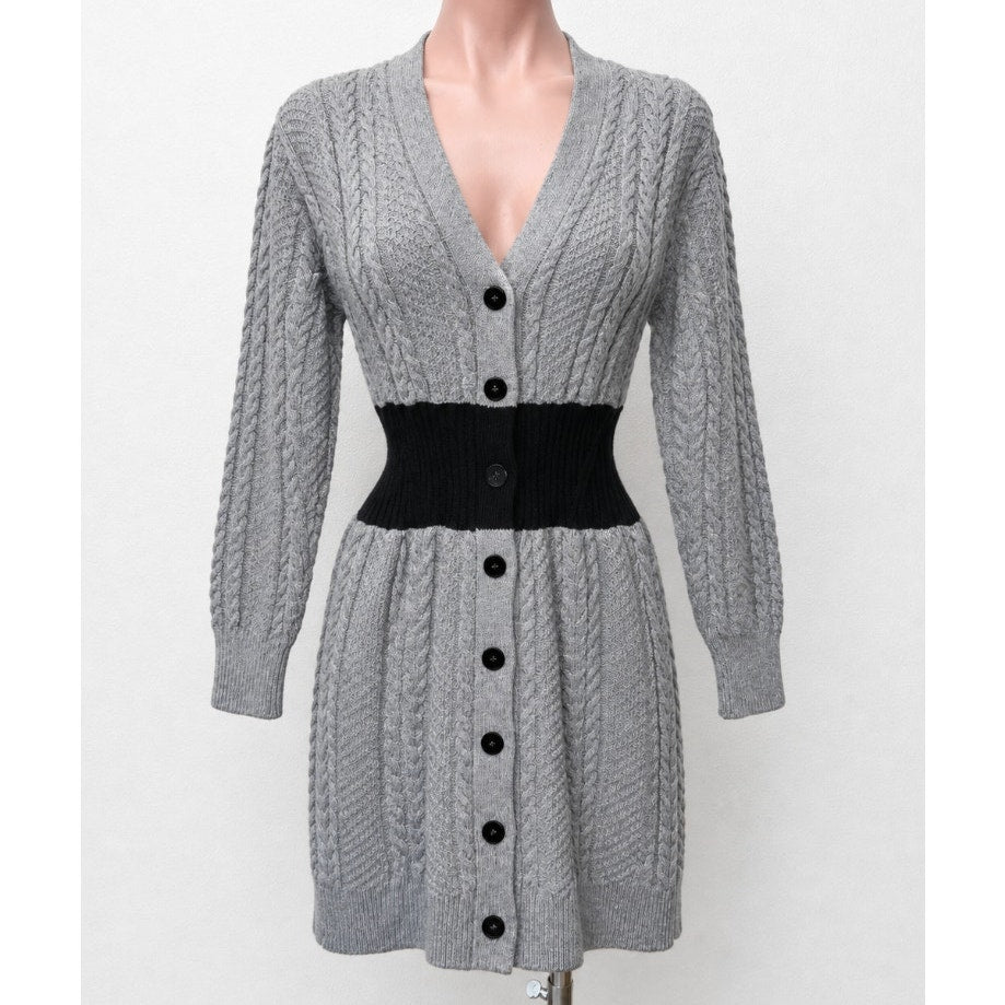 Alexander McQueen Knit Gray Cinch Waist Black Color Block V Neck Sweater Dress M