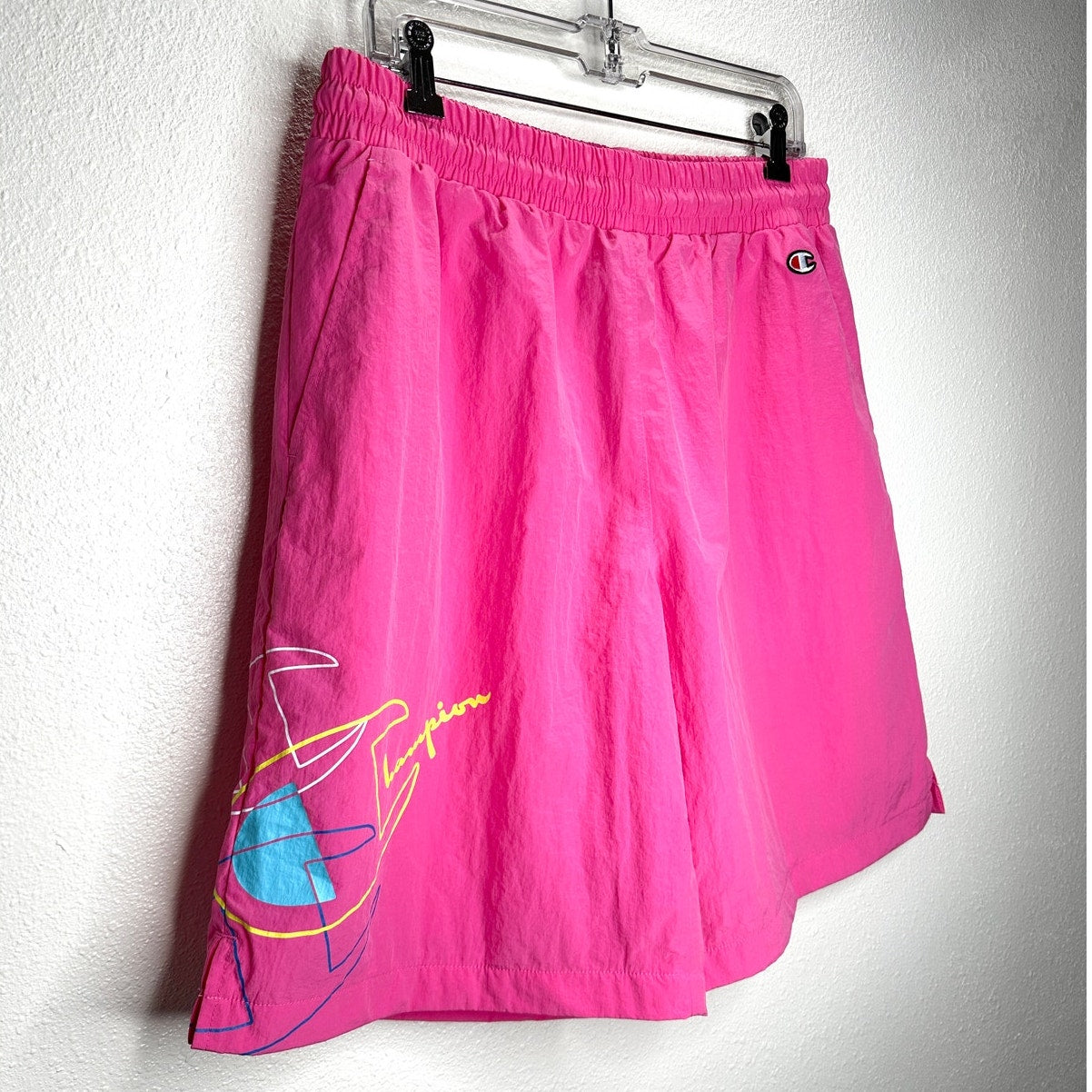 Champion Pink Lightweight Crinkle Nylon Lined Shorts Color Pop Logo L