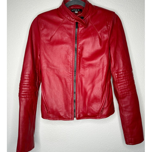 William B Cherry Red 100% Leather Moto Jacket Front Zip Silk Lining S