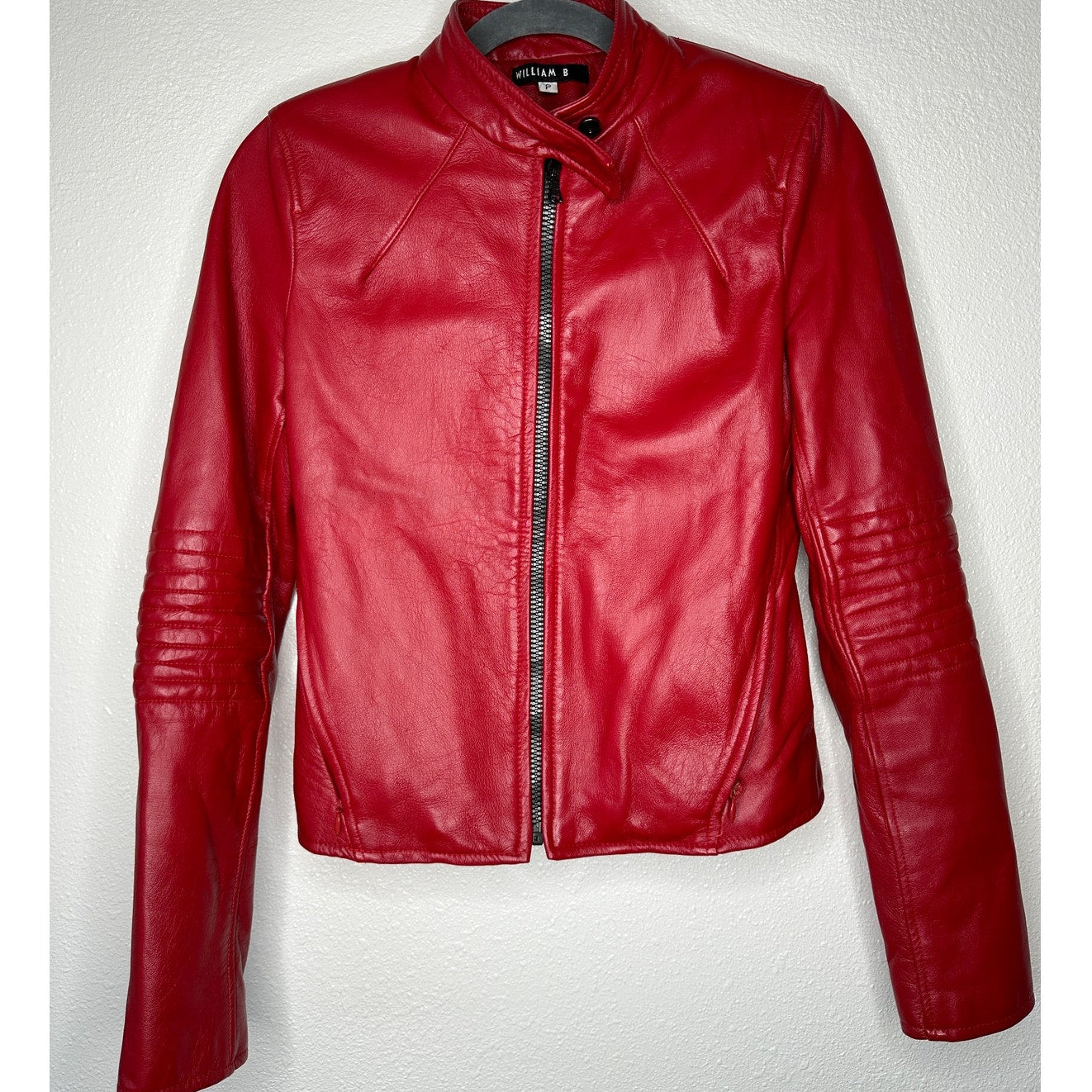 William B Cherry Red 100% Leather Moto Jacket Front Zip Silk Lining S
