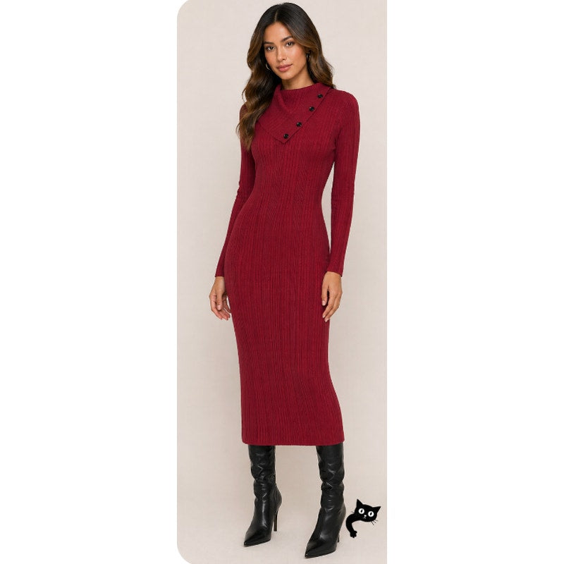 Guess Red Asymmetric Turtle Neck Bodycon Midi Sweater Dress Side Buttons XS