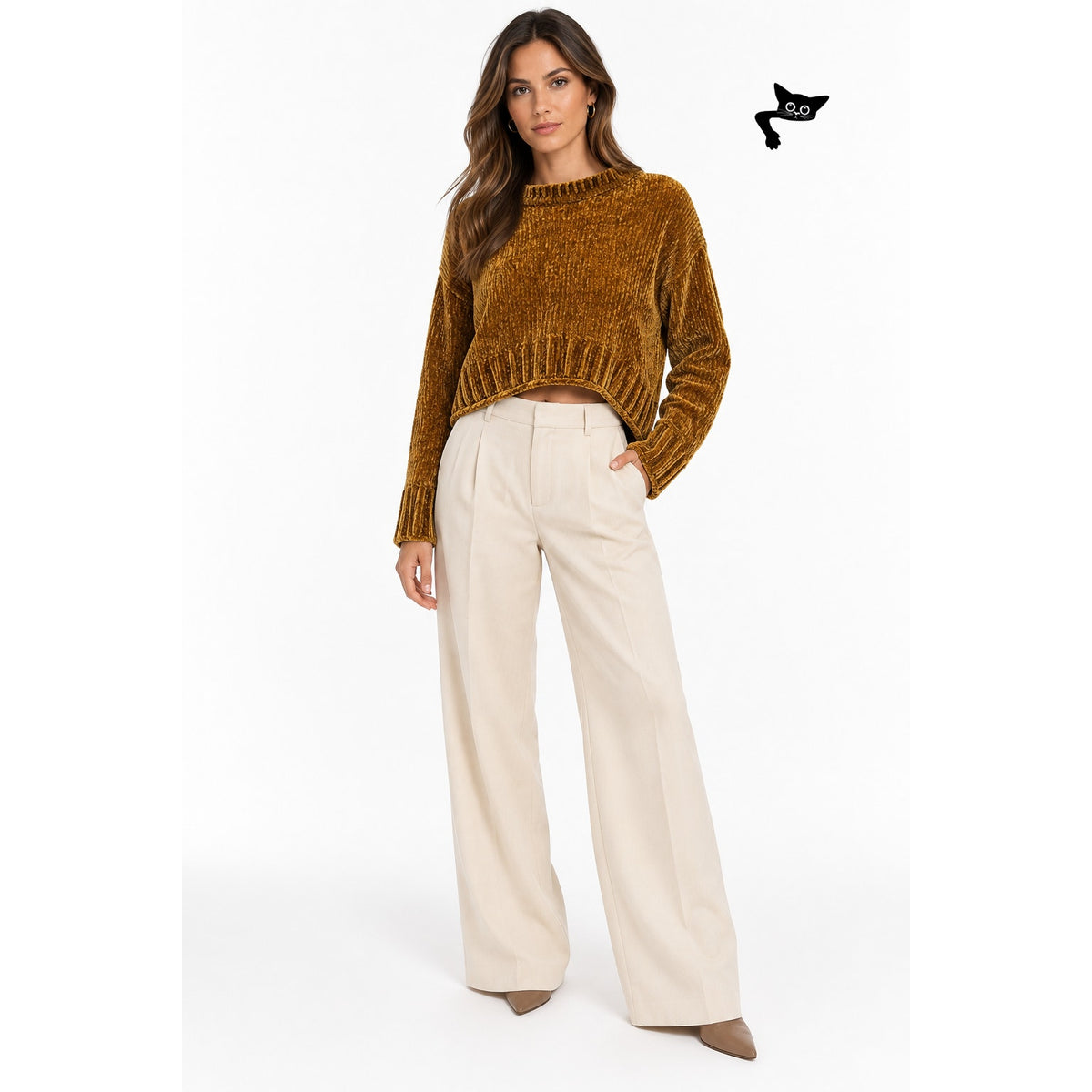 Zara Knit Mustard Gold Chenille Cropped High Low Sweater Women's US S