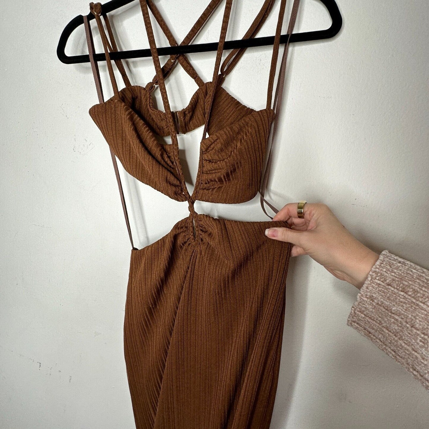 Rumer The Label Chocolate Ribbed Oasis Bandeau Style Cut Outs Lined Maxi S