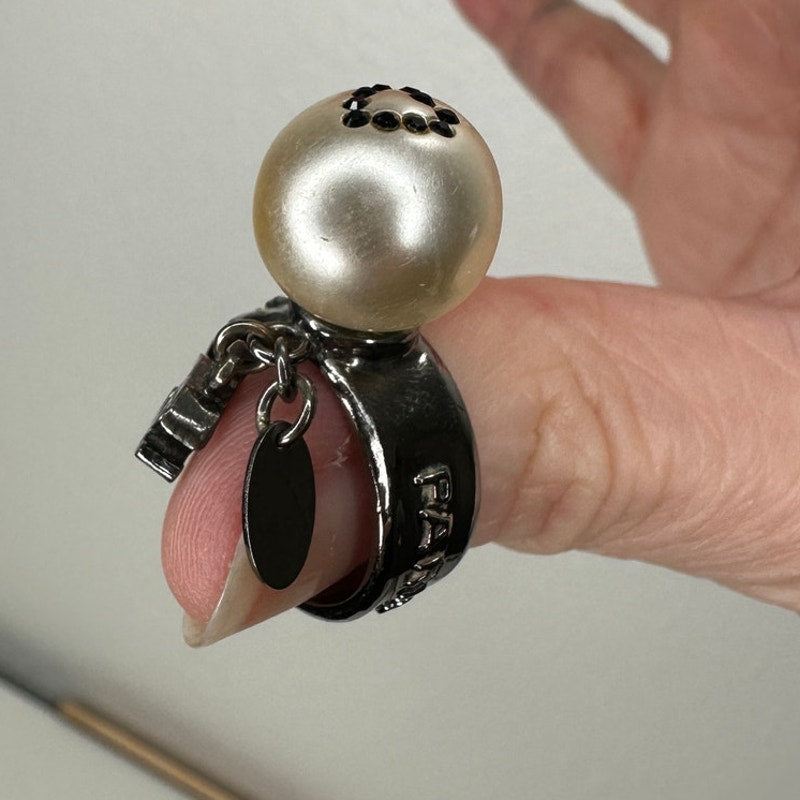 Chanel Paris Silver  Embossed Logo Pearl Crystal Heart Dangle Ring 6.5