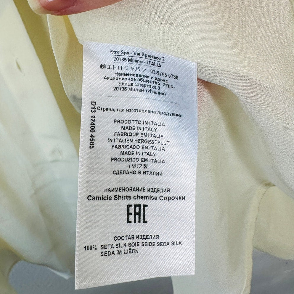 ETRO Pastel Cream Blue Multi Geometric Print Button Collar Silk Blouse  46 / L