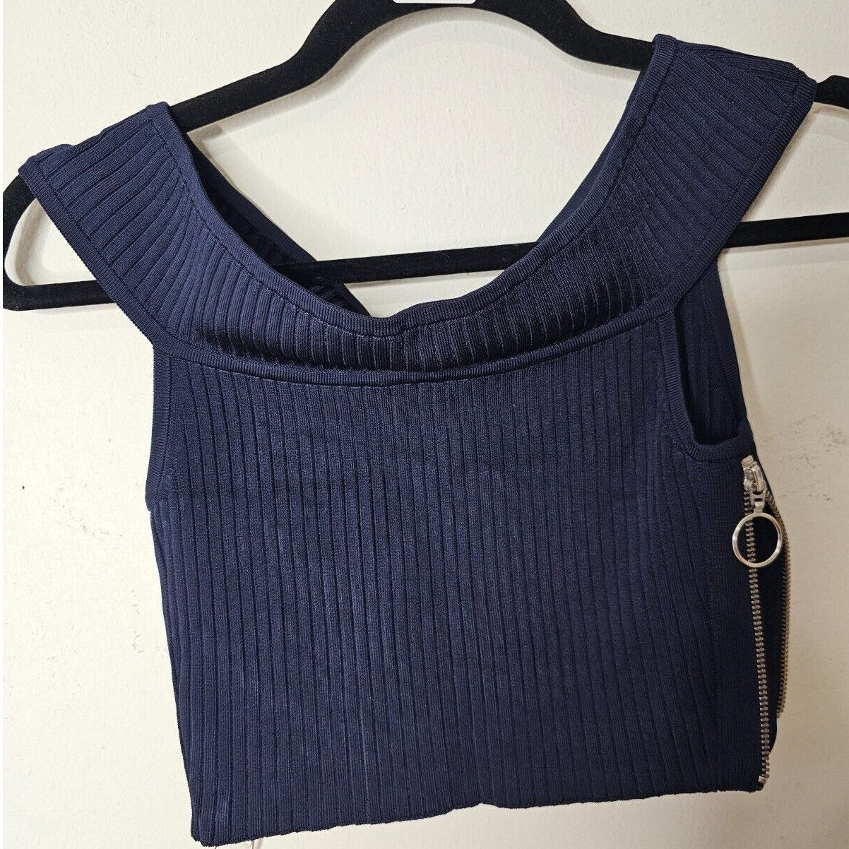Arc Navy Blue Off Shoulder Ribbed Sweater Silver Side Zip Crop Top P S