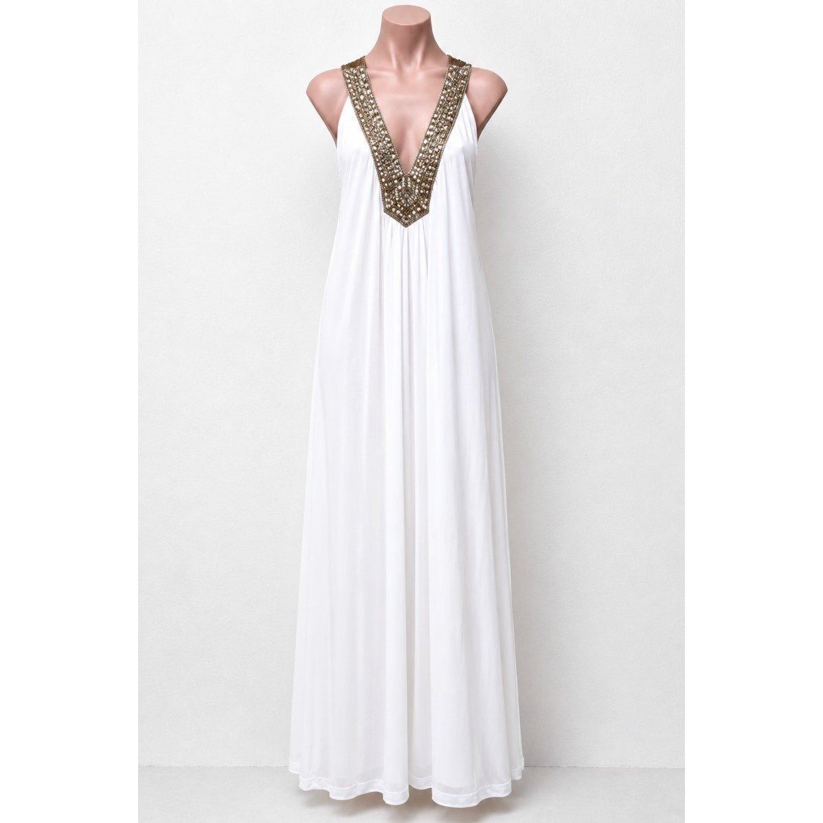 NWT Elizabeth Hurley Beach White Jemima Maxi Gold Embellished Bead Neckline Med