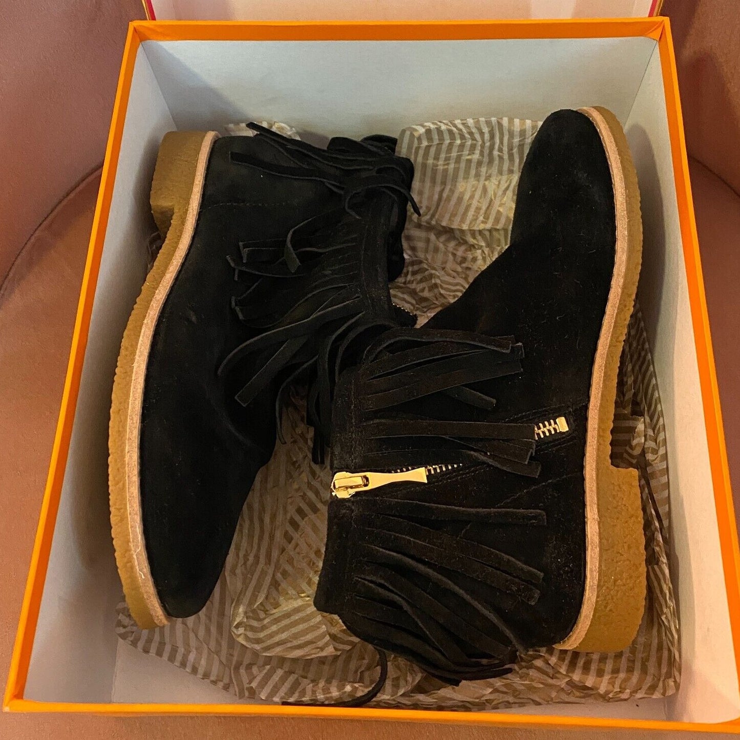 NIB Kate Spade Cute Betsie Black Fringe Suede Bootie Ankle Boot Gold Zipper 6