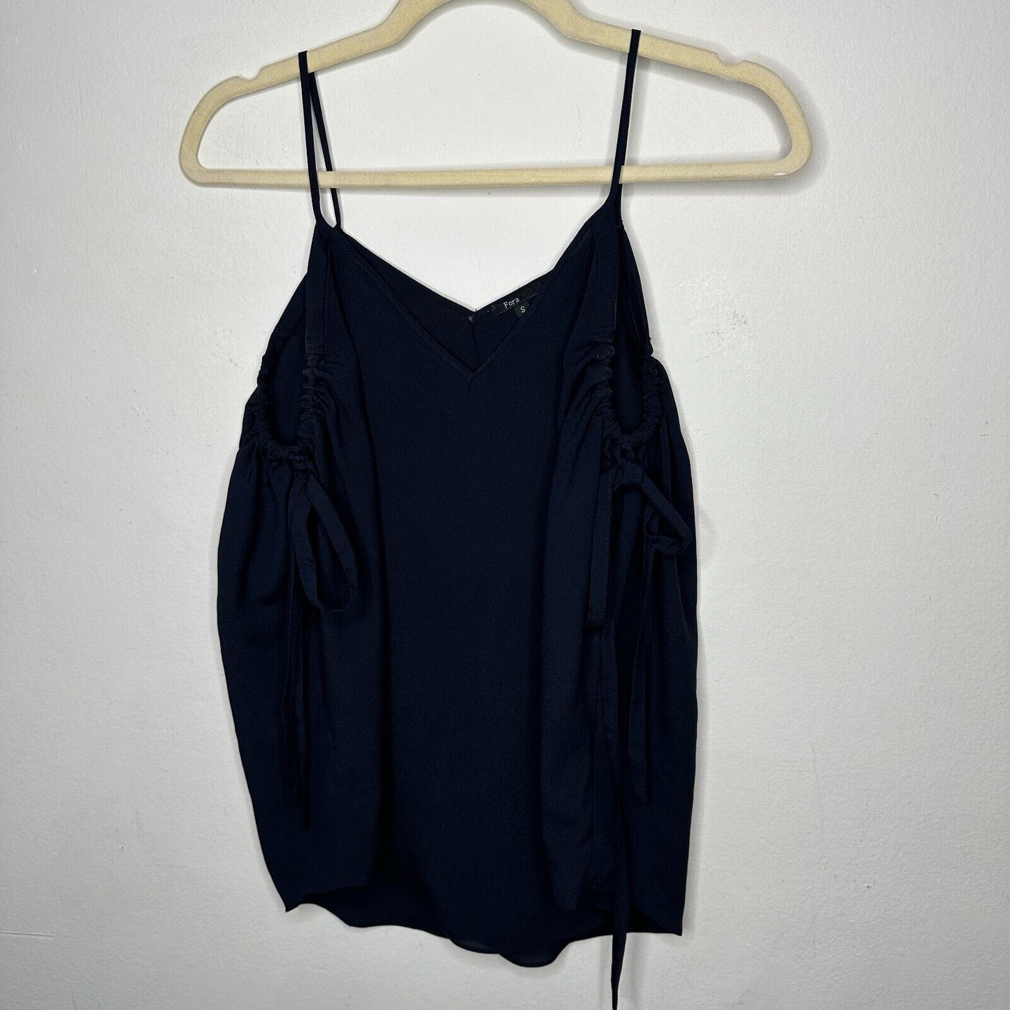 Fora Black Spaghetti Strap V-Neck Cami Ruche & Tie Under Arms Flowy Tank Top S