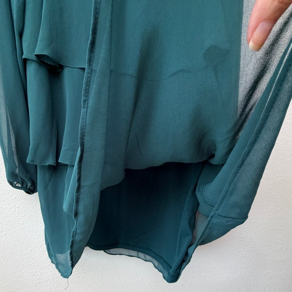 NWT Zara Green Chiffon Tiered Ruffle Long Sleeve Mini Dress Women's US S