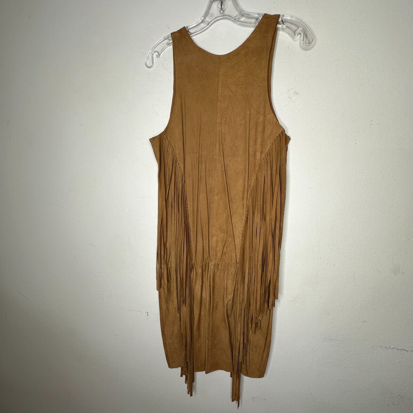 Belair Calvi Camel-Tan Goat Suede Sleeveless Fringed Scoop Neck Mini Dress T2