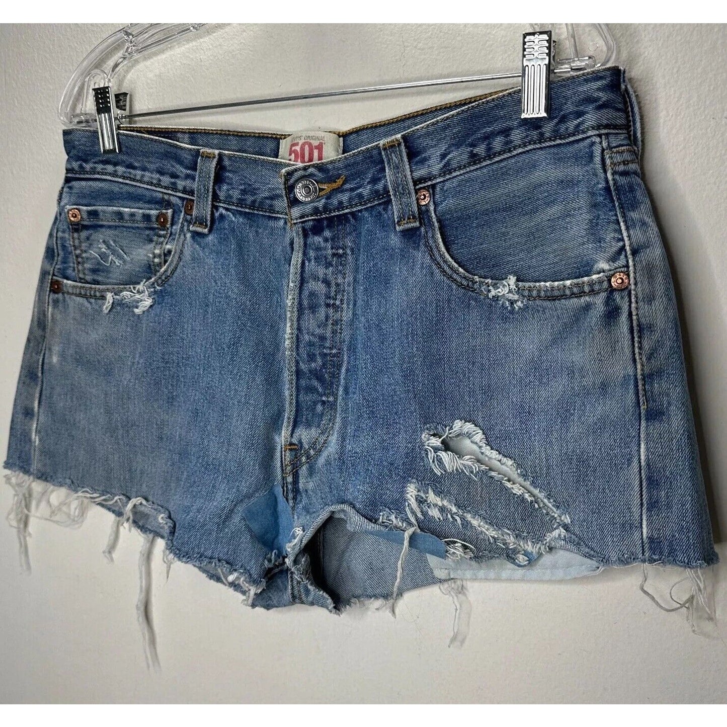 Levis 501 Medium Blue Wash Button Fly Distressed Raw Hem Shorts 34