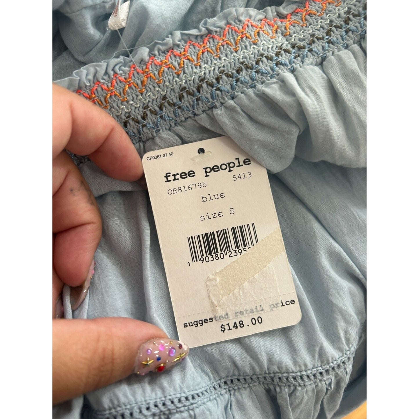 Free People Baby Blue Smocked Off Shoulder Embroidered Tiered Ruffle Mini Dress