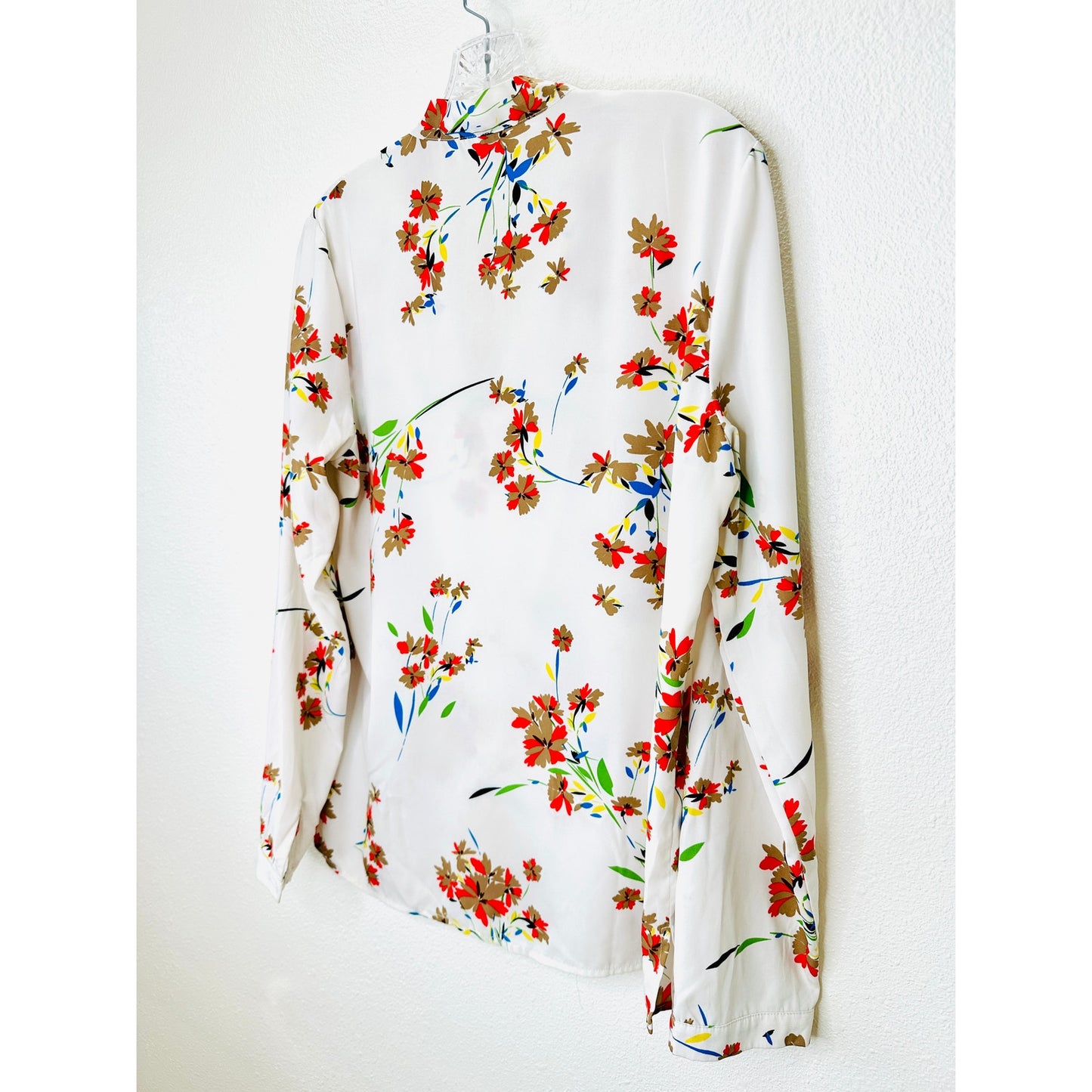Off White Red Brown Blue Floral Long Sleeve Tie Neck Blouse Top L