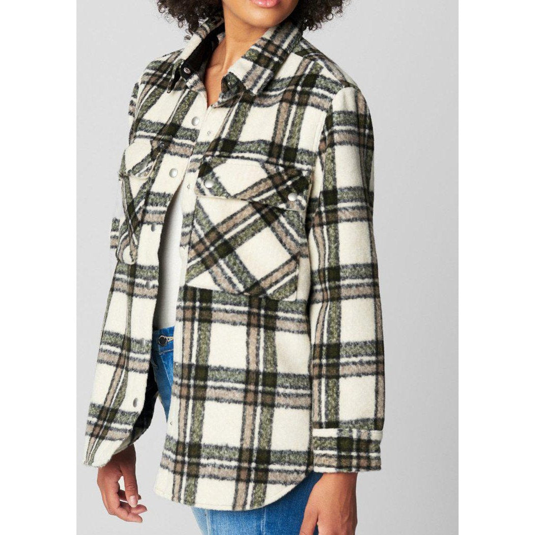 Blank NYC Cream Brown Plaid Snap Button Collared Shacket S