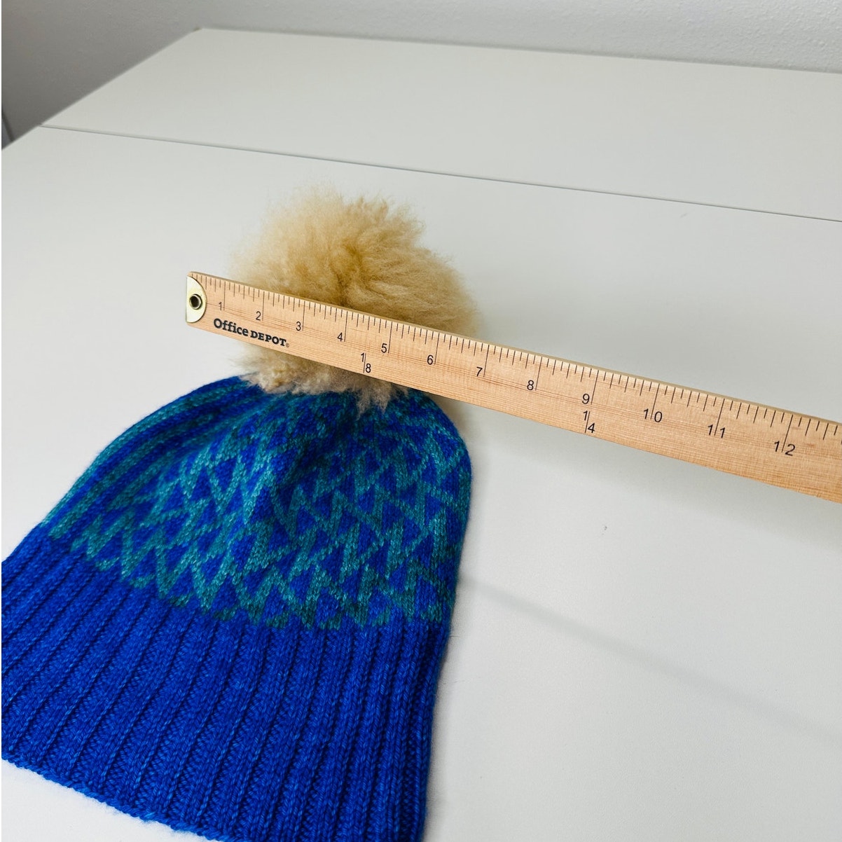Blue Green Triangle Print Knit Beanie Tan Pom Pom OS