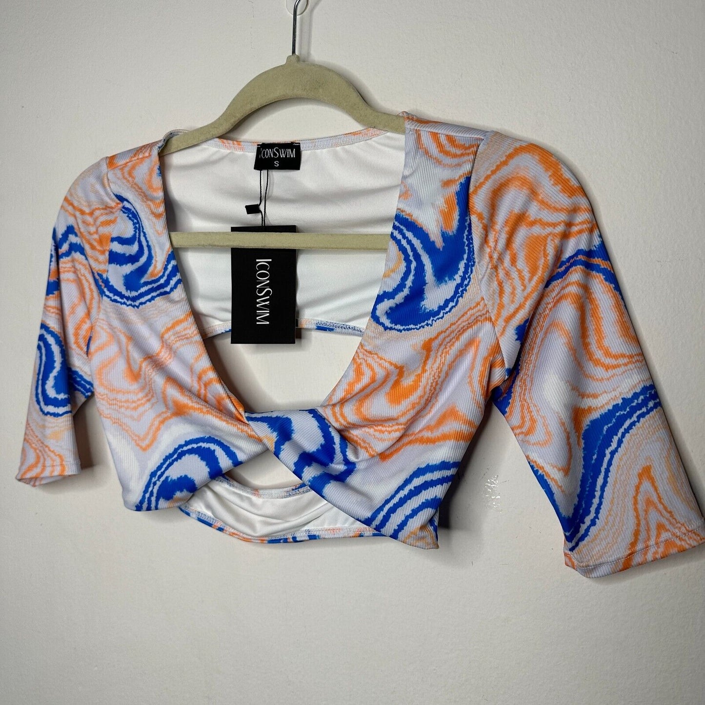 NWT Icon Swim White Blue Orange Sunset Dive Wave Print Twist Front Crop Top Small