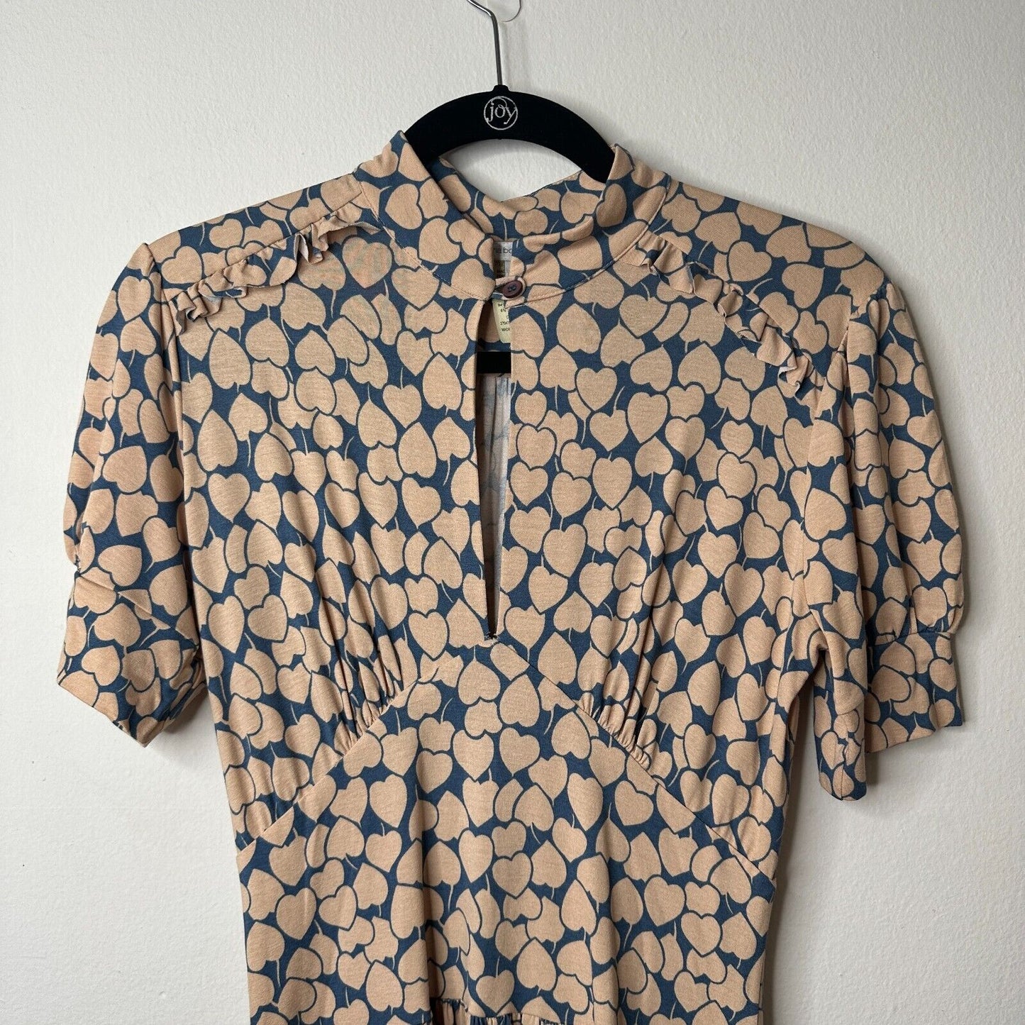 Maria Bonita Extra Blue & Tan Heart Keyhole Front Short Sleeve Mid Dress Med