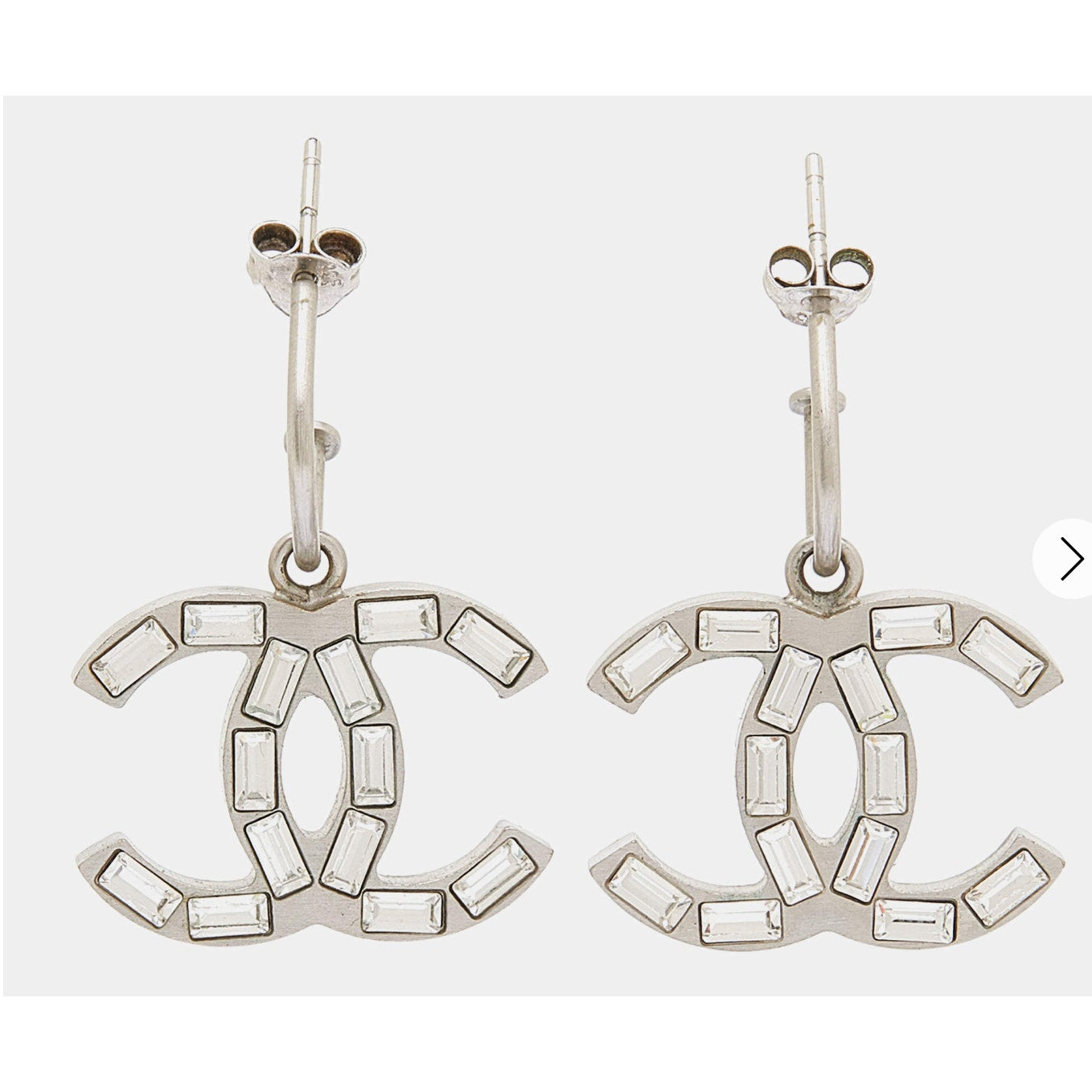 Chanel Baguette Stone Logo Silver Earrings Boucles Oreille Crystal