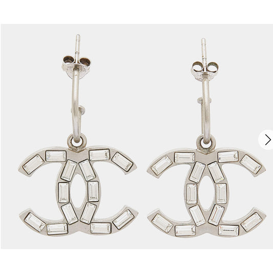 Chanel Baguette Stone Logo Silver Earrings Boucles Oreille Crystal