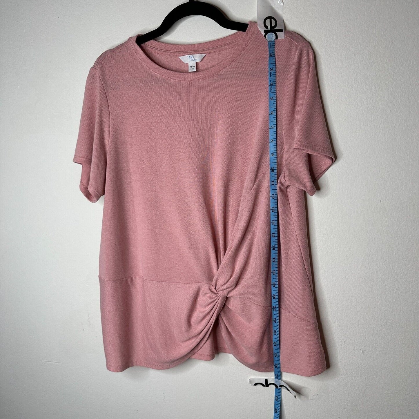 Time & Tru Pink Front-Twist Tie Short Sleeve Wide Round Neck Flowy Tunic Top L