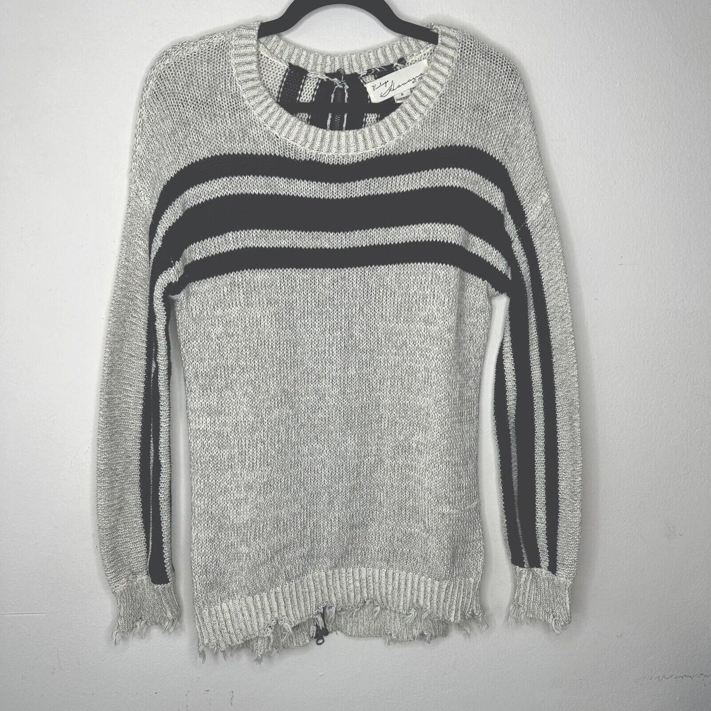 Havana Gray Black Stripe Distressed Long Sleeve Round Neck Sweater Zip Back SM