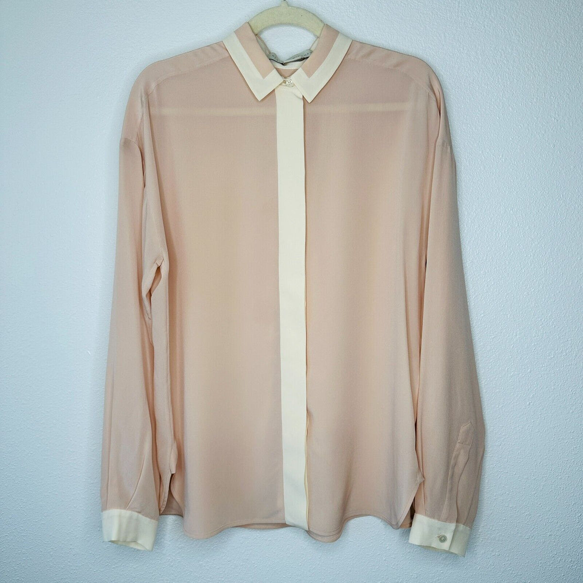 Stella McCartney Light Peach Silk Blouse Cream on Collar Button Placket Cuffs 42