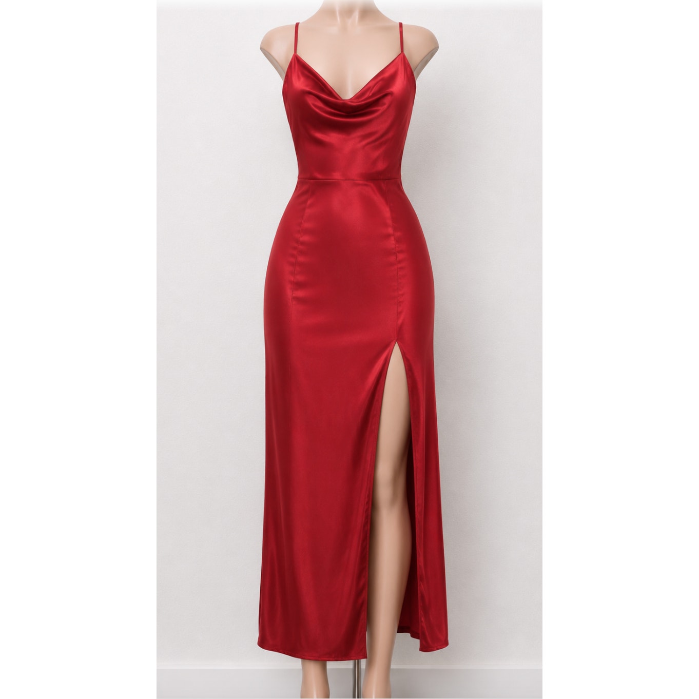 D&M Red Sexy Spaghetti Strap Drape Neck Front Slit Back Zip Satin Dress Small