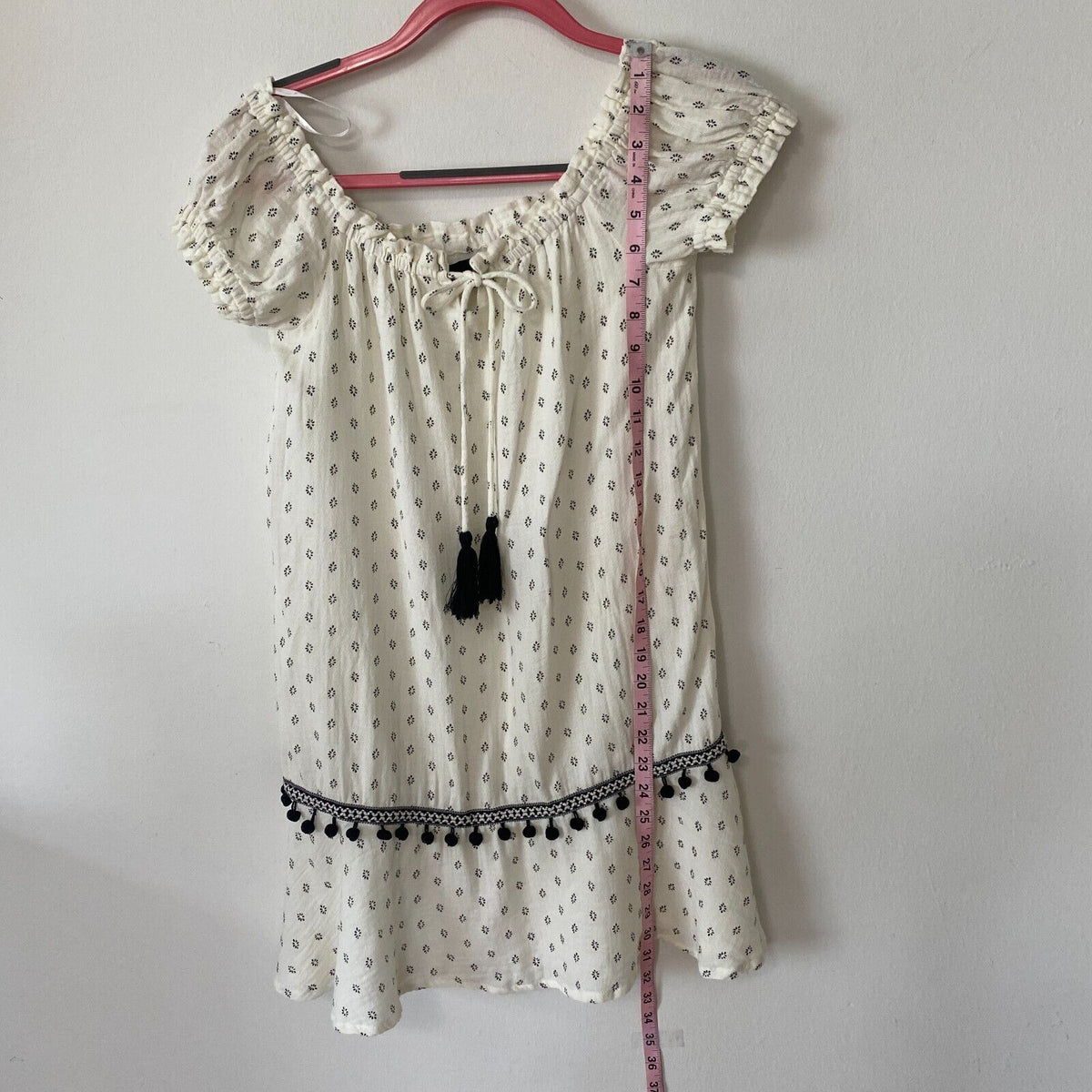 Minkpink Off-Shoulder Common Ground Cream Black Ruffle Mini Dress Pom Tassel XS