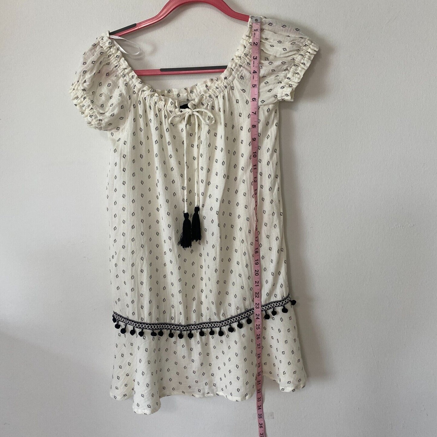 Minkpink Off-Shoulder Common Ground Cream Black Ruffle Mini Dress Pom Tassel XS