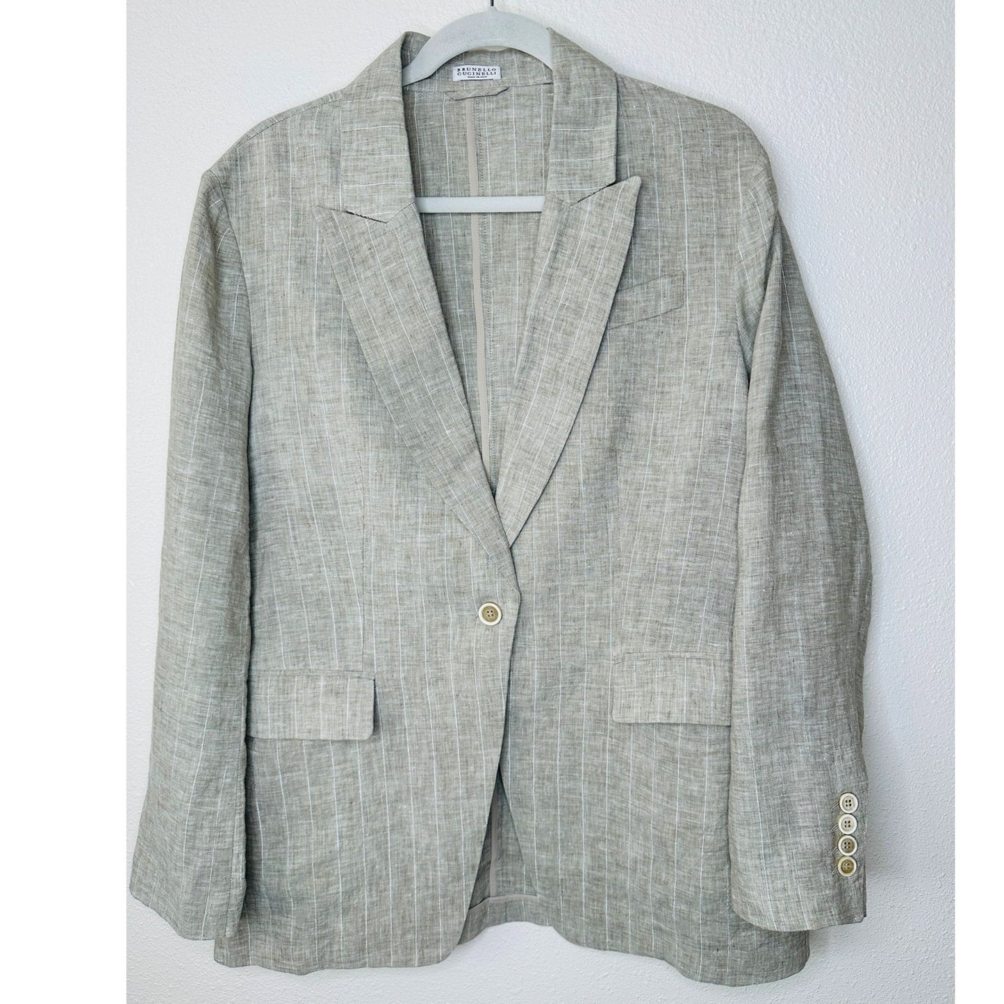 Brunello Cucinelli 100% Linen Beige Silver Stripe Button Blazer 46 / 14