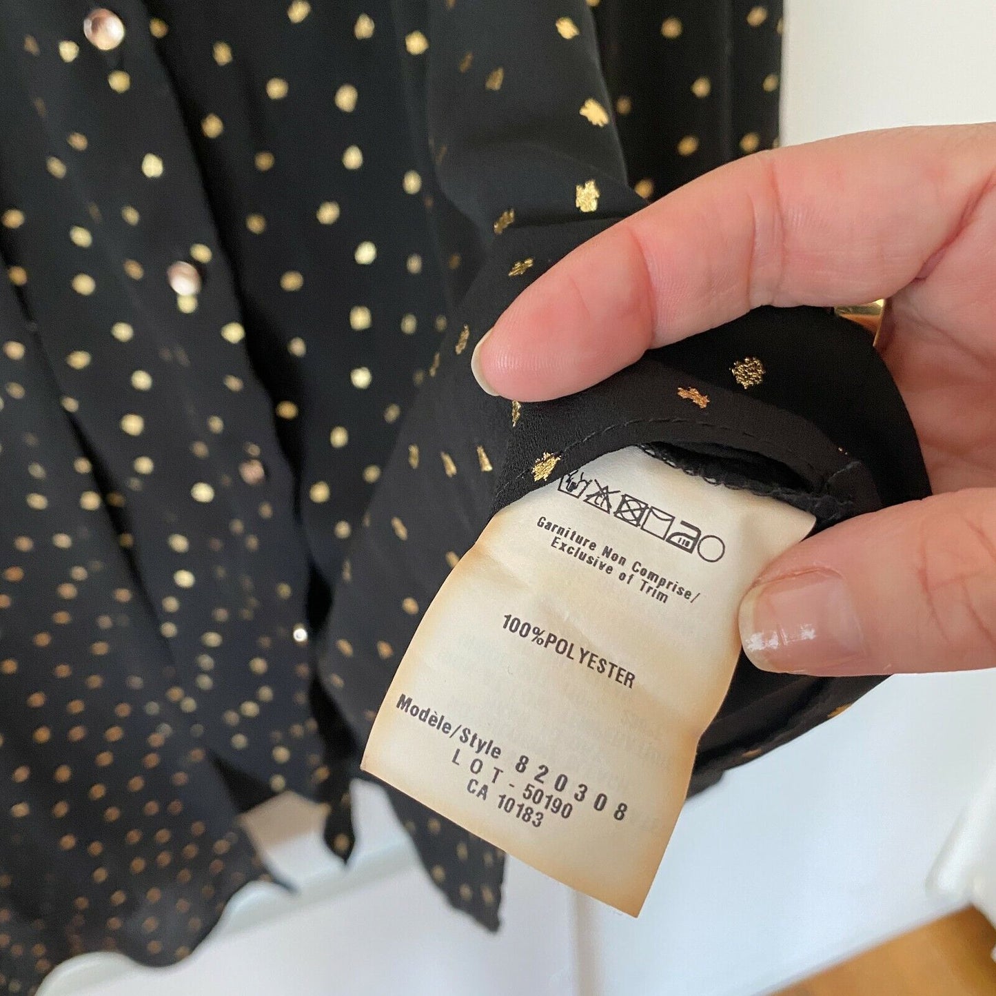 Cartise Black and Gold Polka Dot Button Down Shirt Sheer Front Overlay Panel 14