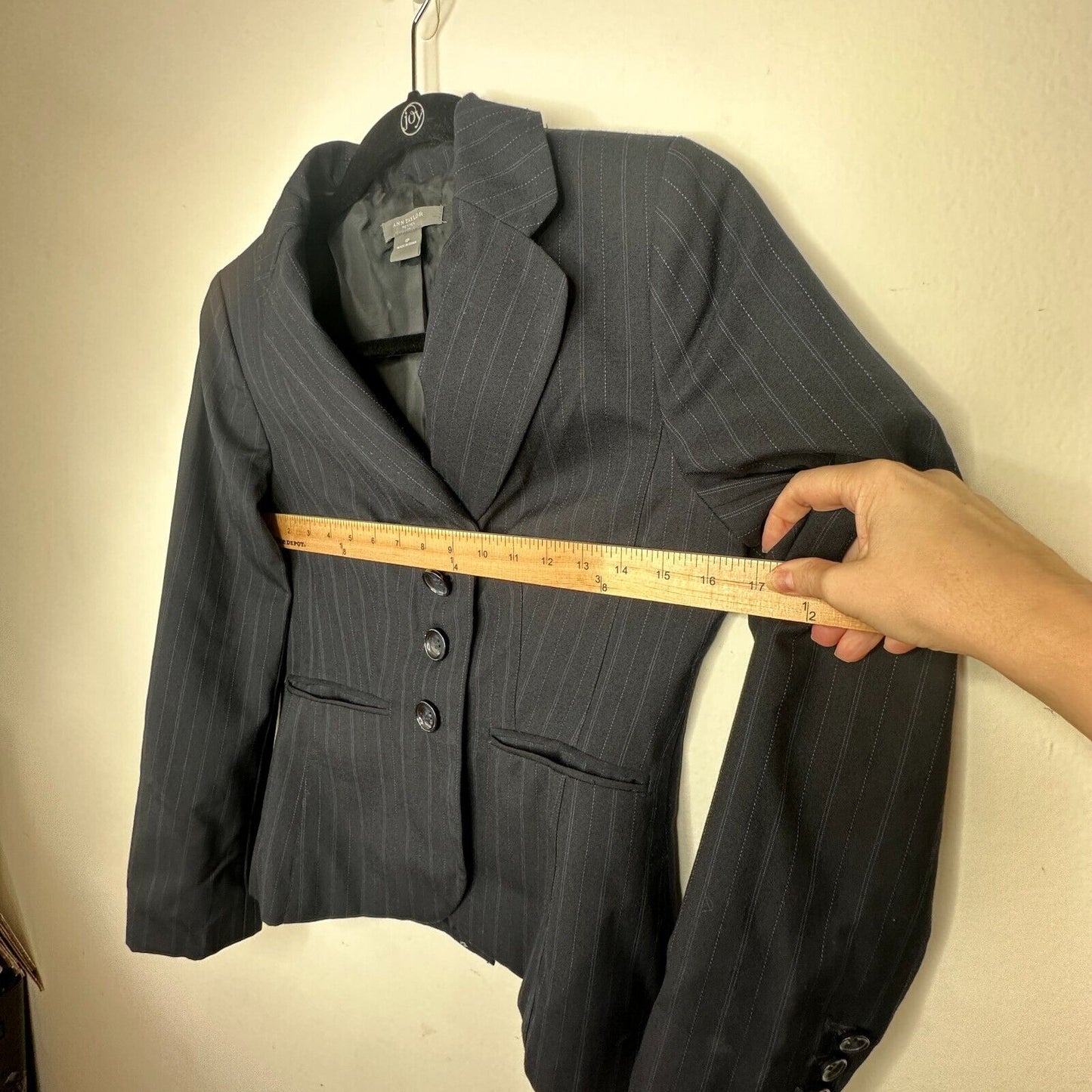Ann Taylor Navy Pinstripe Crop Blazer Shawl Collar Button Sleeve Welt Pocket OP