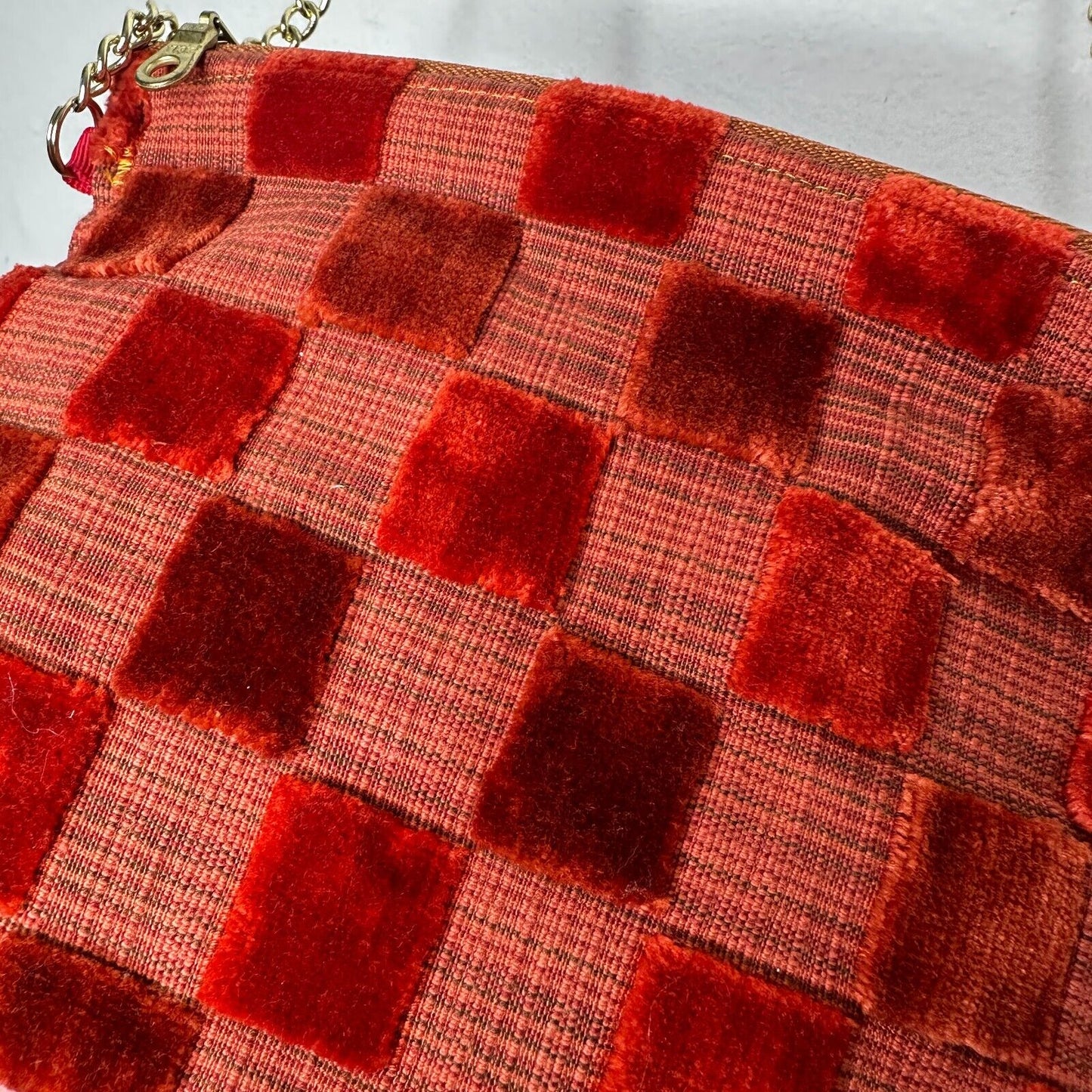 Rust Orange Velvet Checked Gold Chain Strap Zipper Top Slim Mini Purse