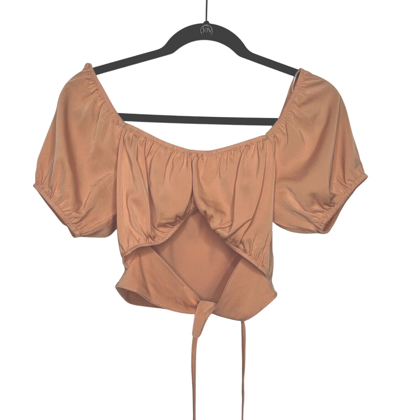Le Lis Peach Puffed Short Sleeve Front Tie Elastic Neck Sleeve Crop Top L