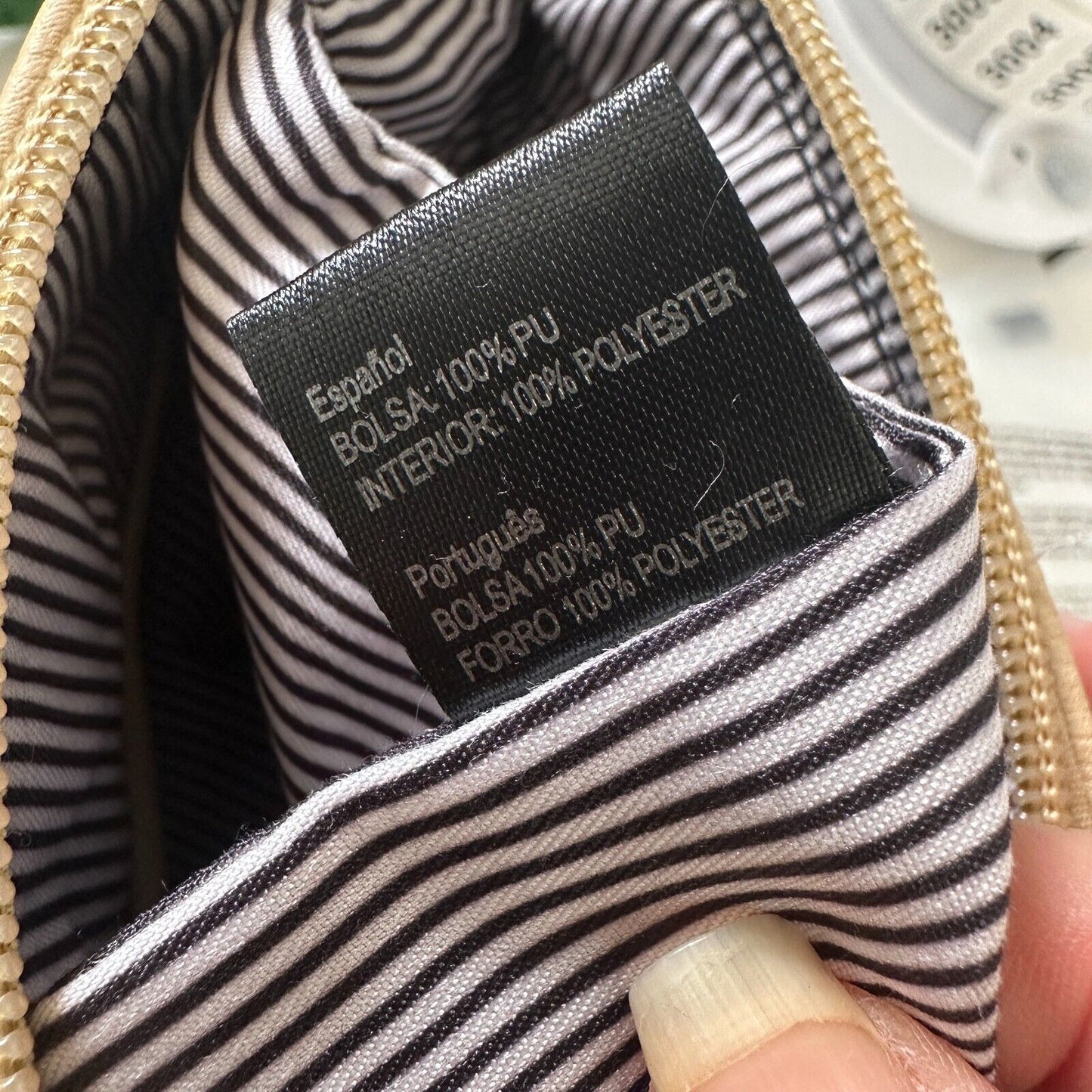 Desert Sand Tan and Gold Crossbody Bag Tassel Blue White Striped Interior Strap