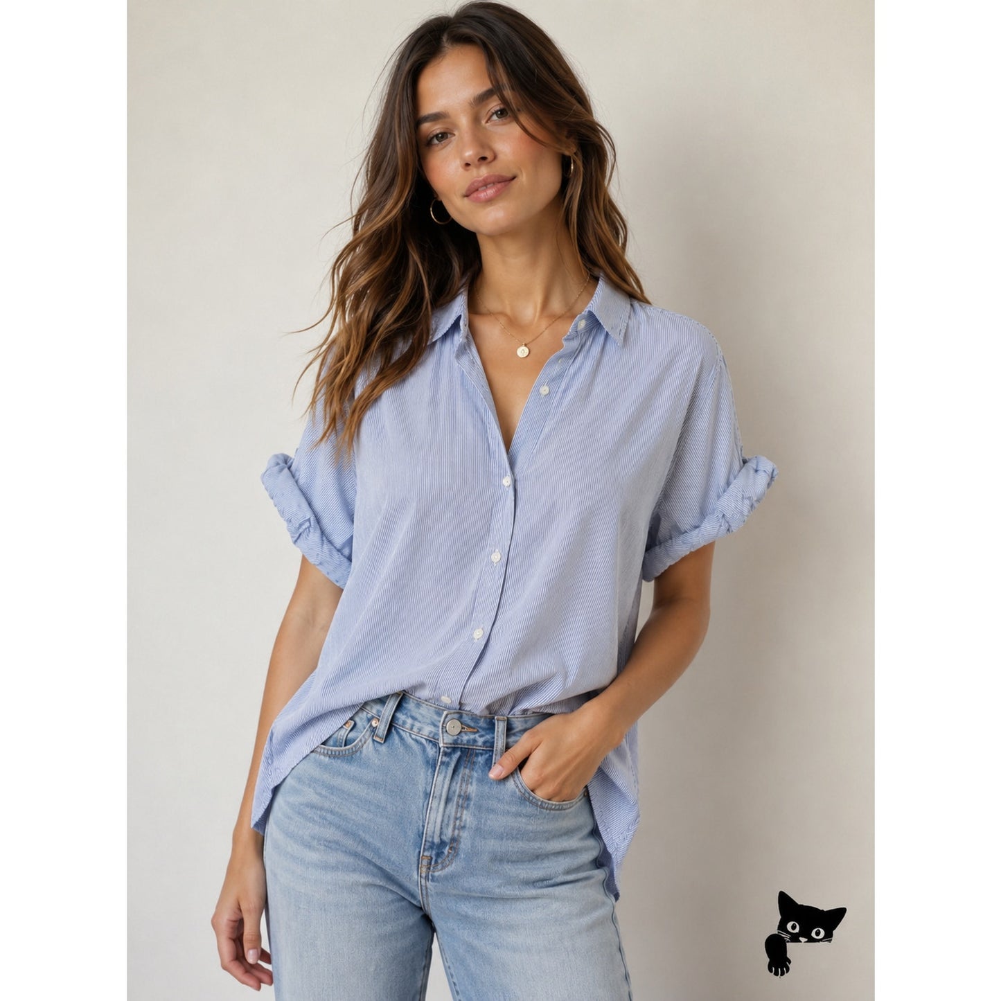 Aritzia Community Blue and White Pin Stripe The Jane Short Sleeve Button Shirt