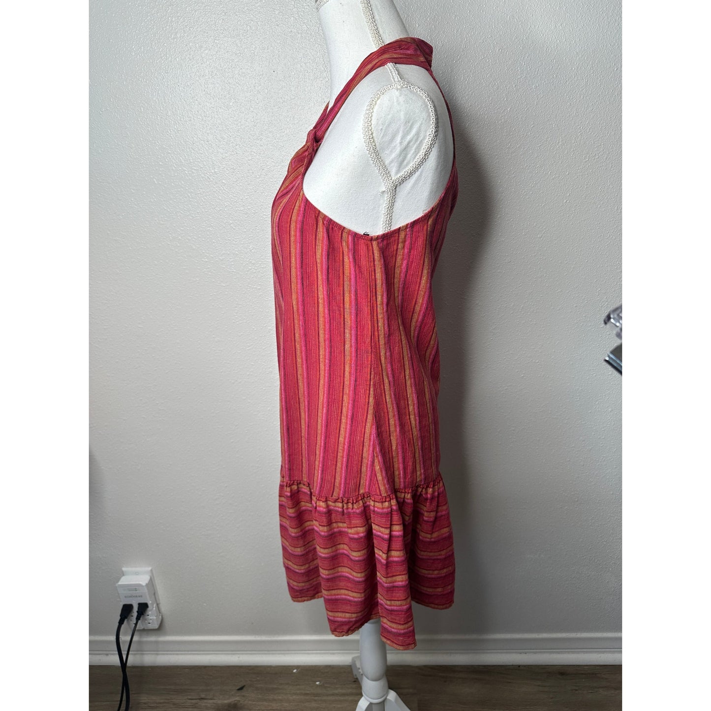 BCBG Generation Halter Mini Dress XS Pink Striped Sleeveless Flowy Ruffle Hem