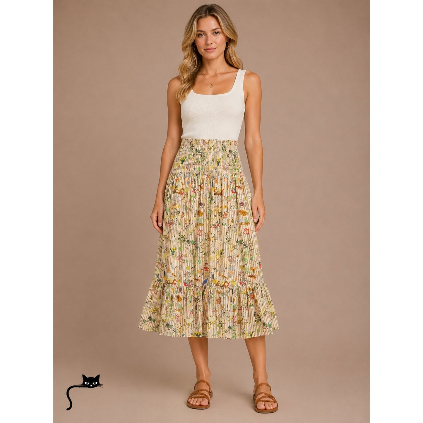 Rhode Artie Shirred Waist Ruffle Hem Printed Cotton Poplin Midi Skirt XL