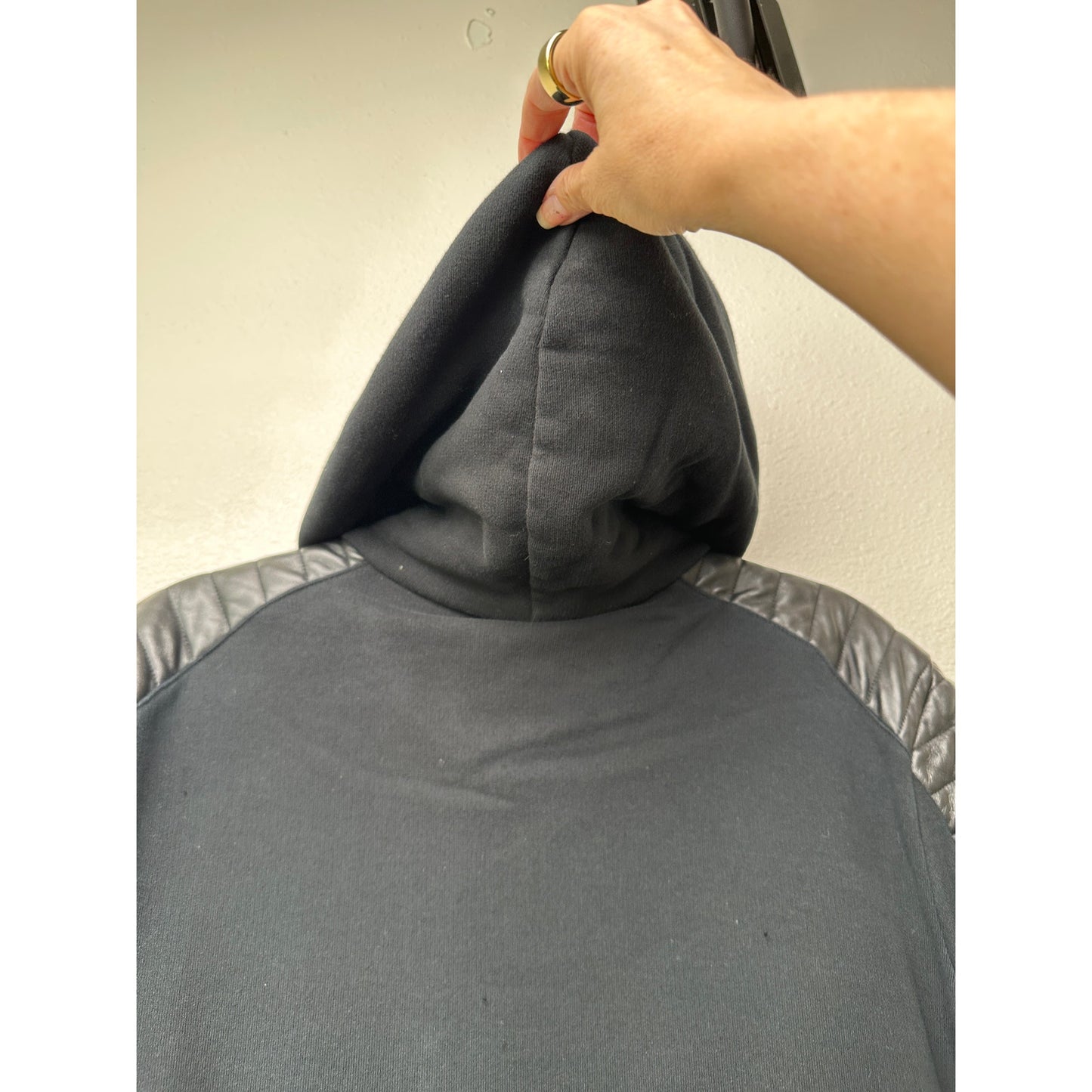 Balmain Black Moto Hoodie Leather-Shoulder Zip Sweatshirt Men M