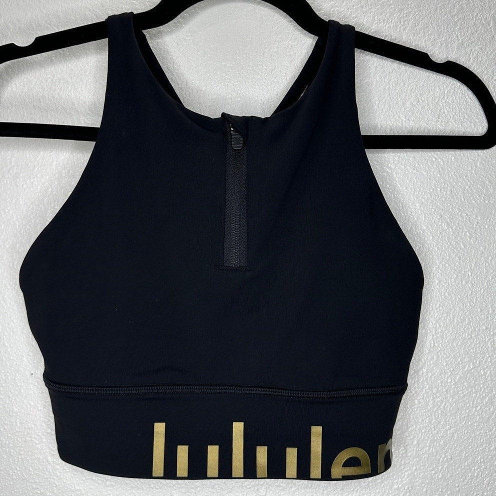 Lululemon Black Energy Bra High Neck Front Zip Gold Logo Sports Bra