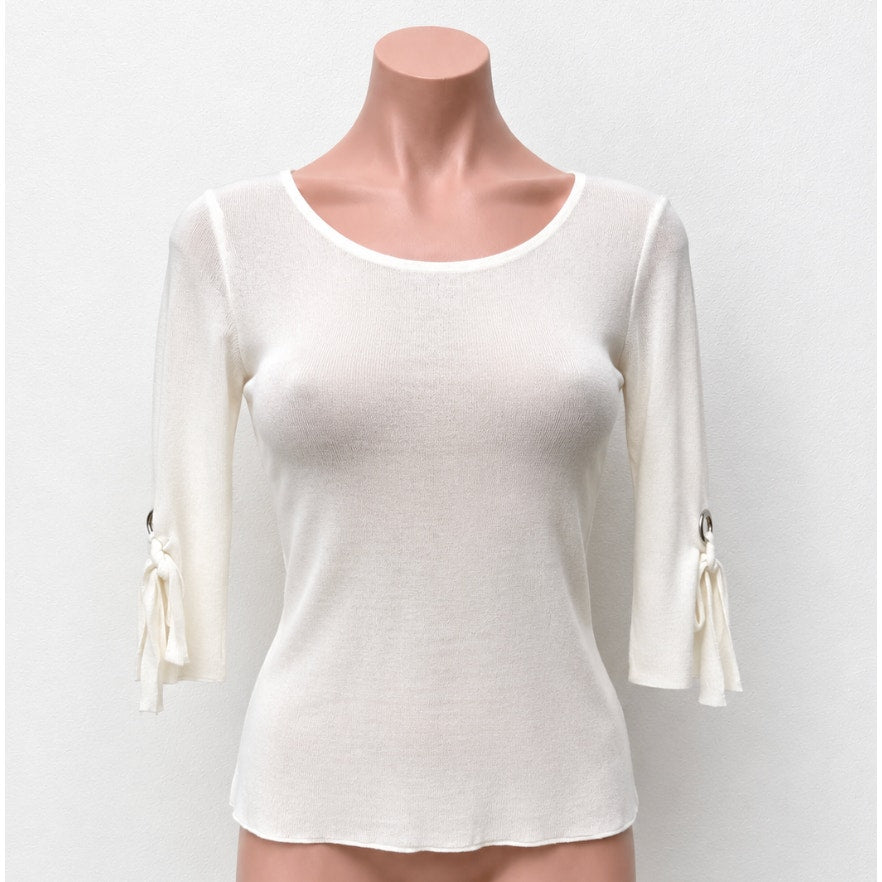 NWT Olivia Warren Off-White Round Neck 3/4 Grommet Tie-Sleeve Sweater Small