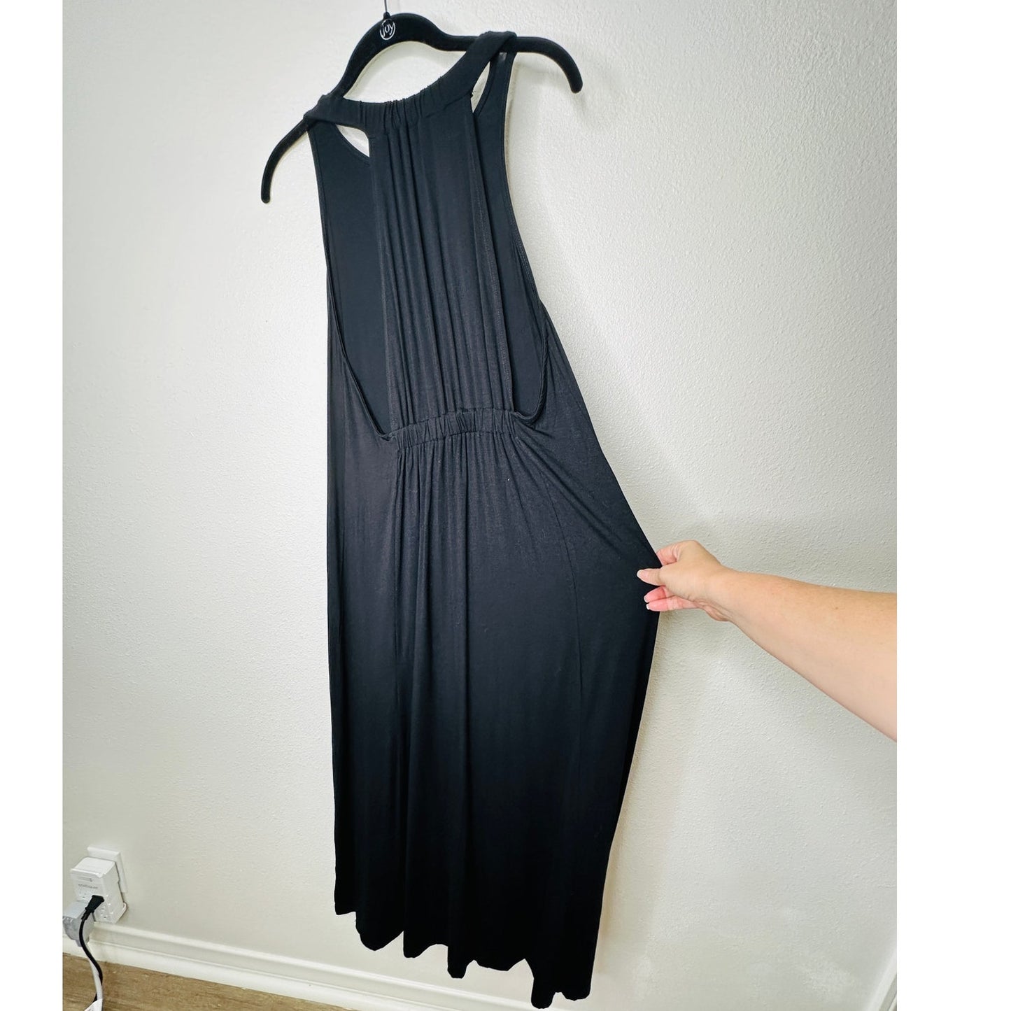 Black High Neck Plunging Sides Sleeveless Gathered Flowy Back Maxi Dress M