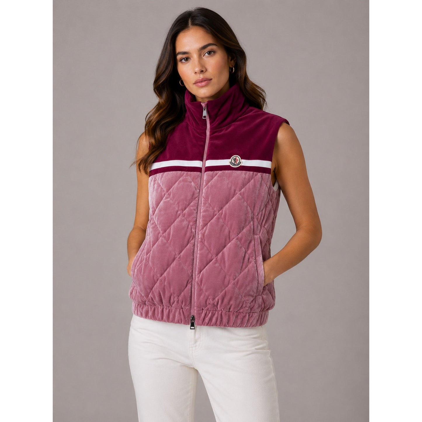 NWT Moncler Purple & Pink Mixed Media Sleeveless Velvet Short Vest L