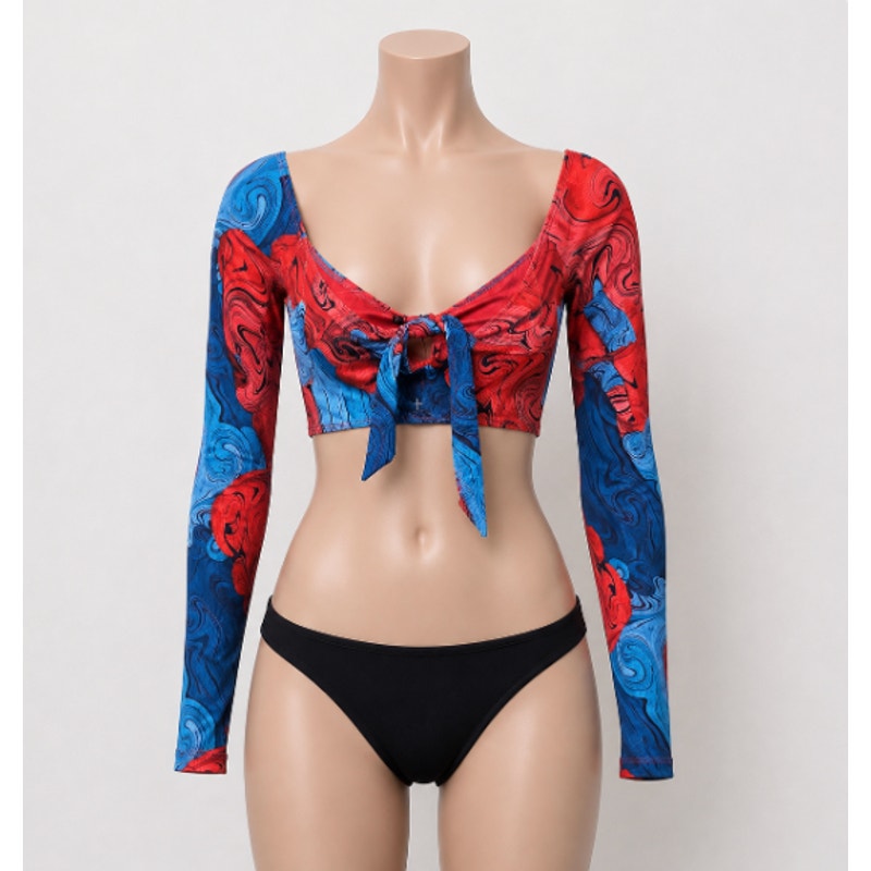 NWT Icon Swim Blue & Red Moment Like This Bikini Swirl Print Long Sleeve Top S