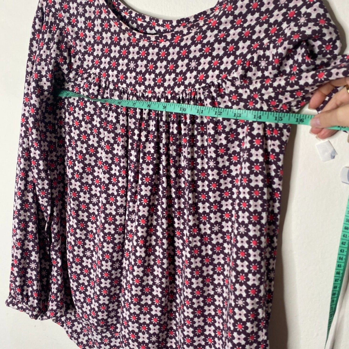 Ann Taylor Loft Purple Pink & White Flowy Blouse Long Sleeve Shirred Yoke XXSP