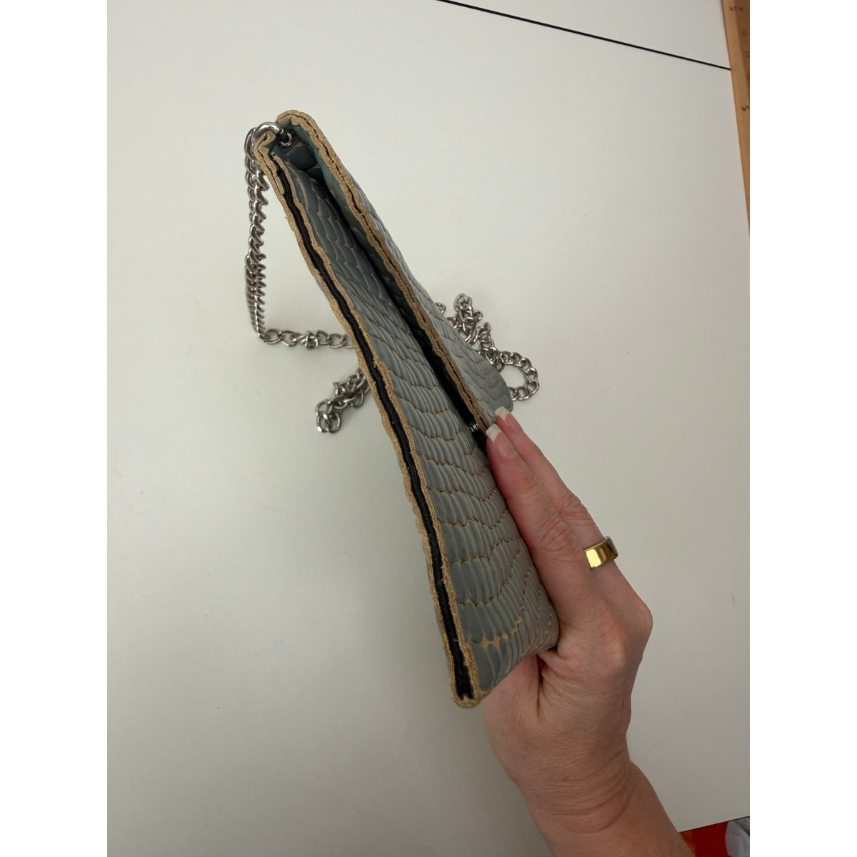 JJ Winters Blue Gray Croc Envelope Chain Bag Women's