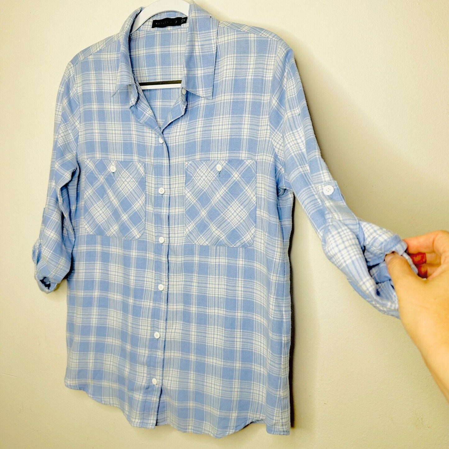 Sanctuary Blue & White Plaid Boyfriend Button Up Shirt Roll Tab Sleeves S